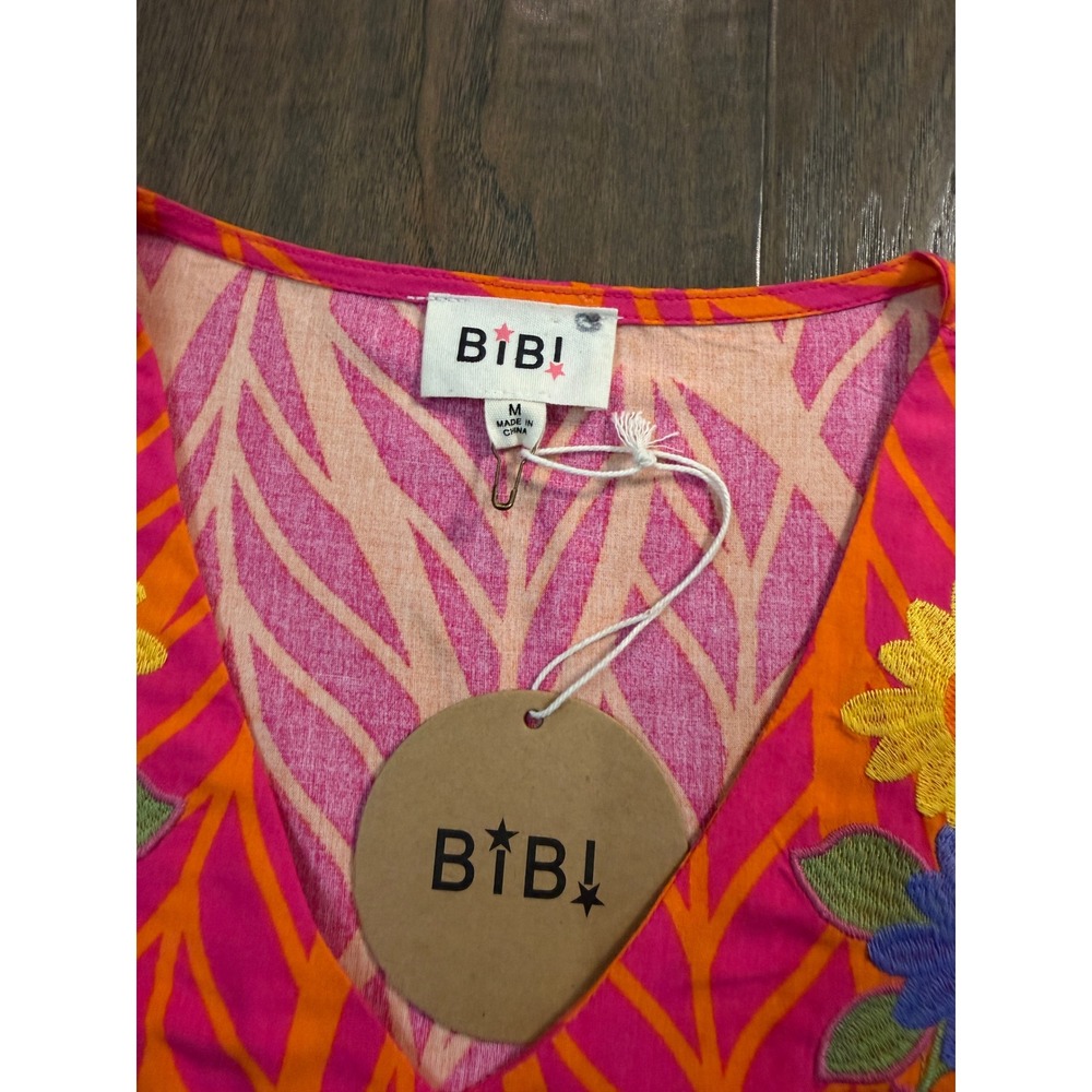 NWT BIBI Womens Orange Pink Leaf Print Embroidered Puff Sleeve V-Neck Blouse M - Picture 2 of 6